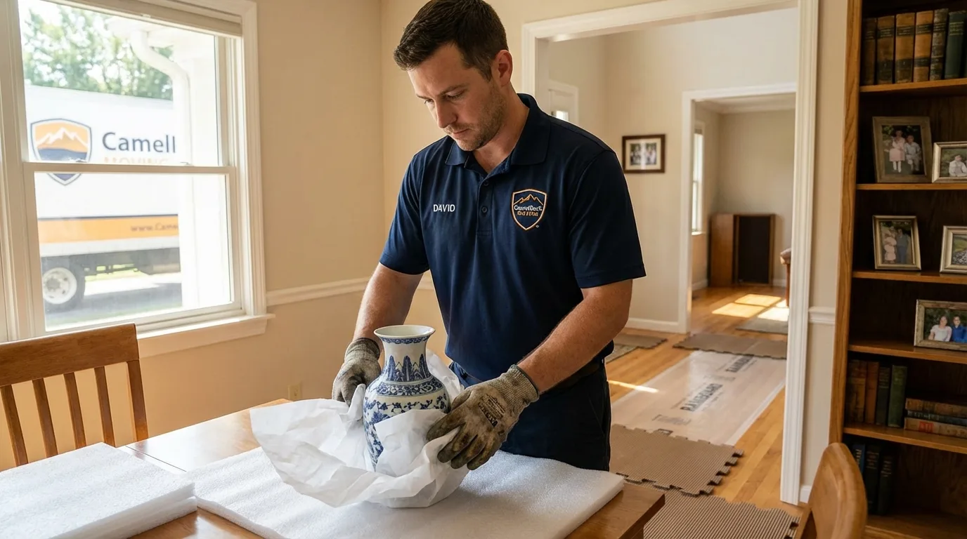 Professional crew carefully wrapping antique vase for senior downsizing move in Wapato, WA